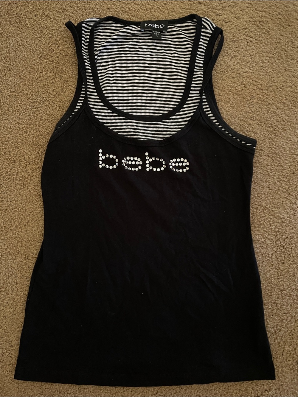bebe Black Tank with Rhinestone Logo and Striped Lining